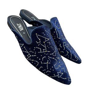 Zara Constellation Galaxy Rhinestone Blue Velvet Smoking Loafer Mules Shoes Flat